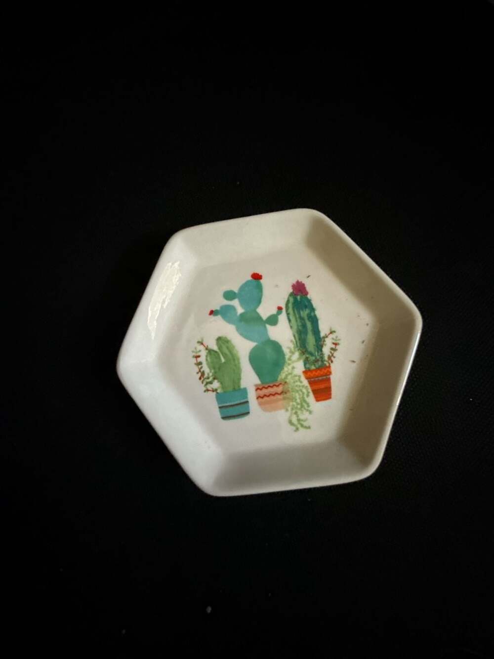 Transpac Cactus Print Hexagon Ceramic Trinket Dish